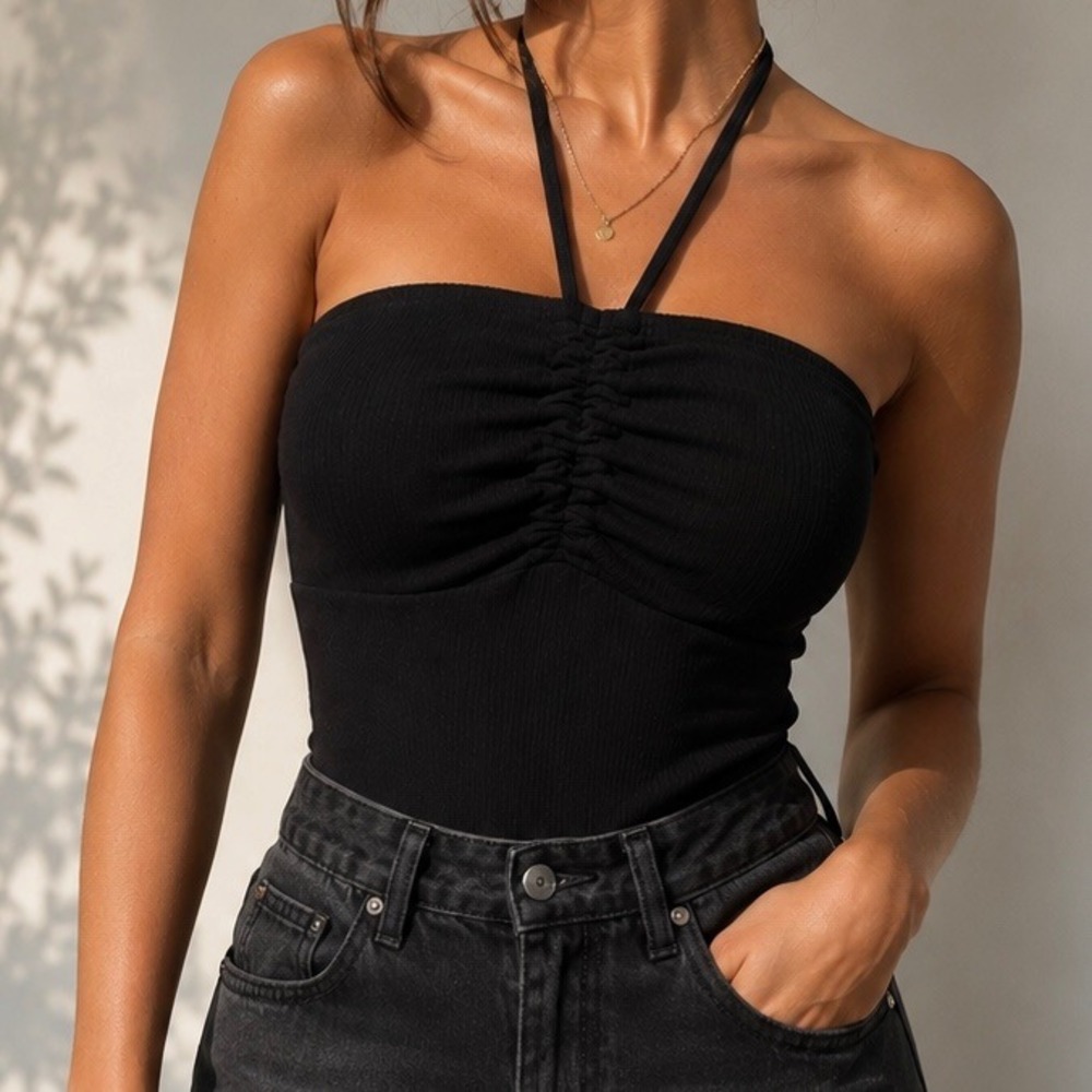 NWT American Eagle Black Ribbed Halter Bodysuit Ruched Y2K Going Out Top M